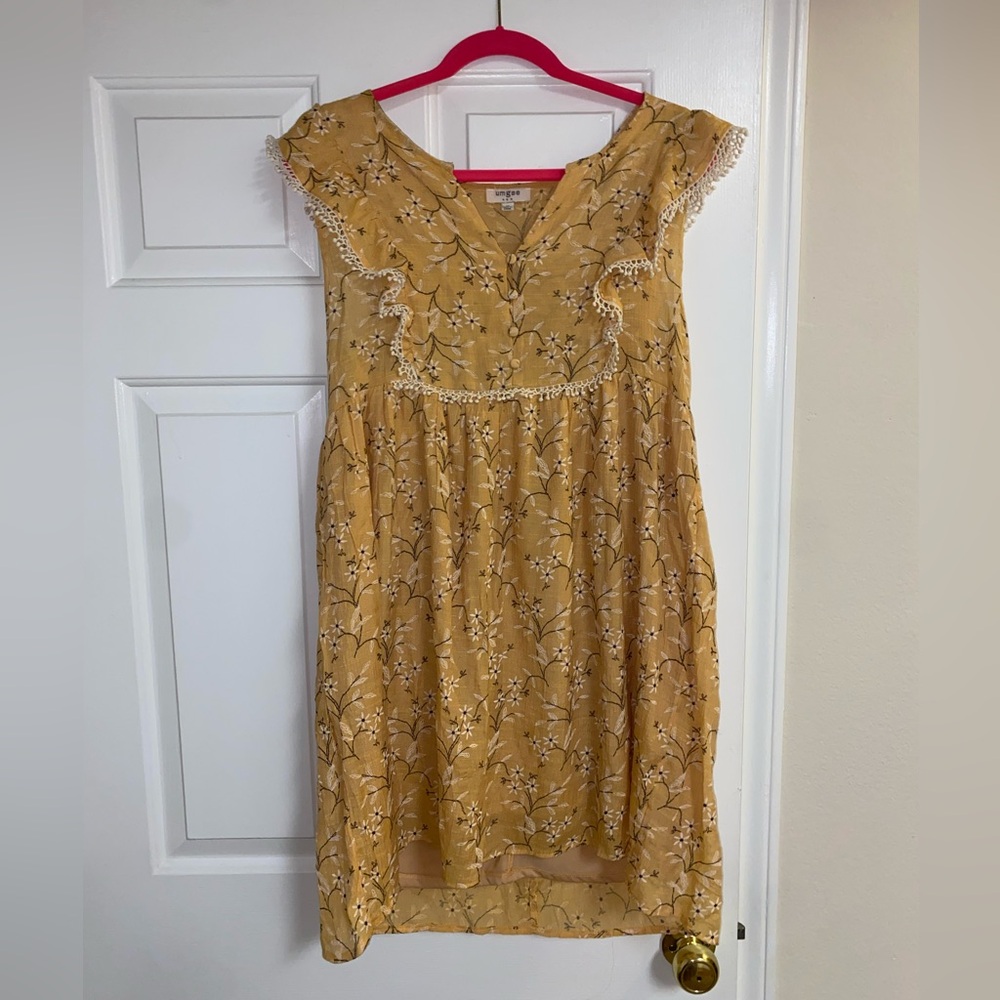 Yellow Floral Dress with Lace Trim
